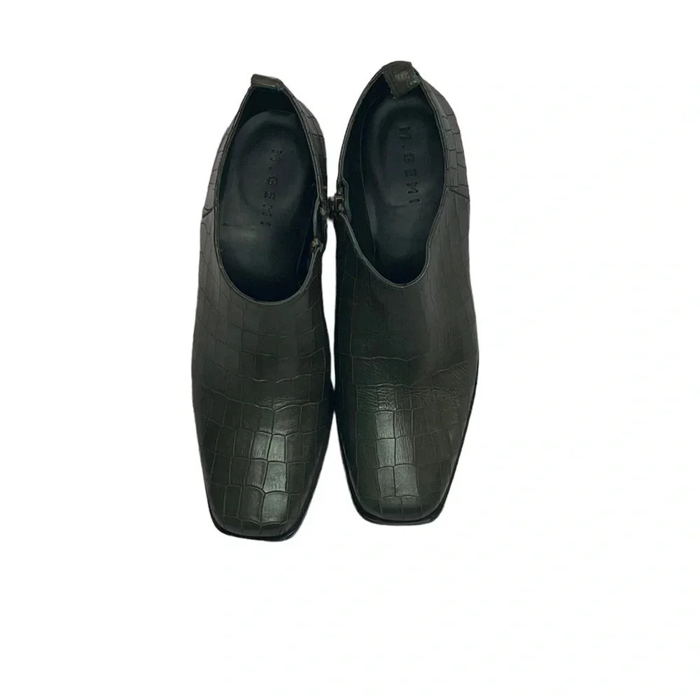 M Gemi Green Leather Ankle Booties Block Heel Size 39